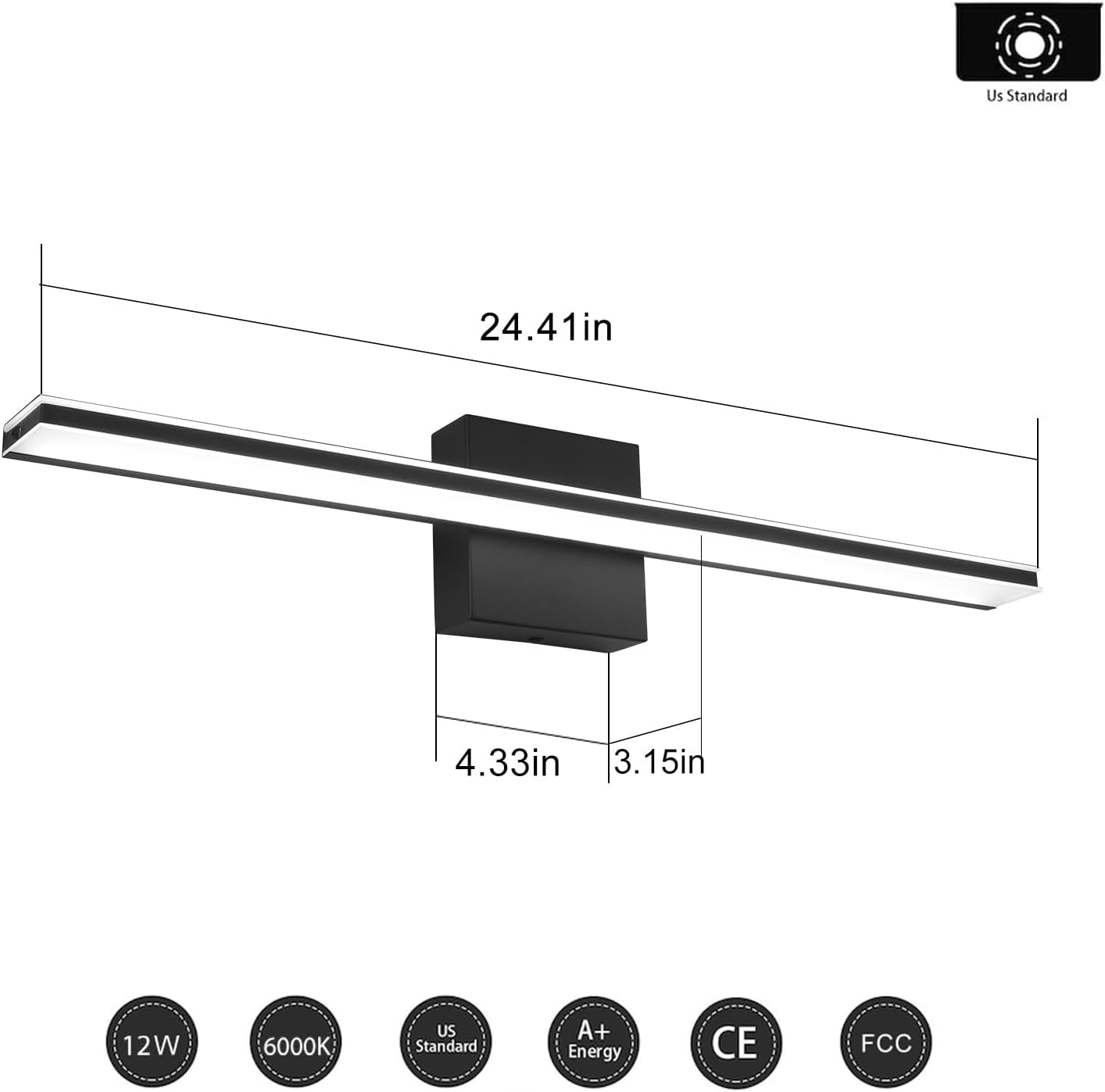 Black Vanity Light Fixture 24 Inch Bathroom Lamps over Mirror 14W Modern Bath Vanity Sconces Matte Black LED Lights for Bathroom Bedroom Wall Lighting 6000K Restroom Lighting