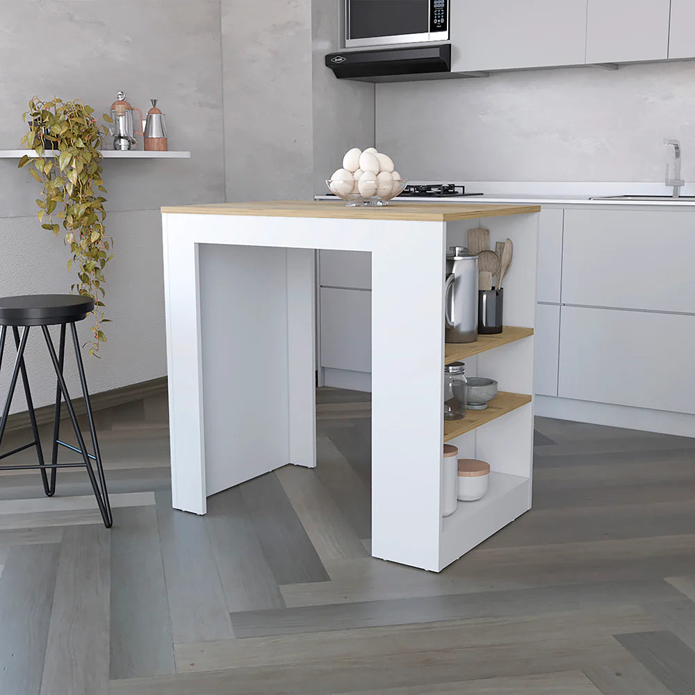 Kitchen Island Doyle, Three Side Shelves, White and Light Oak Finish