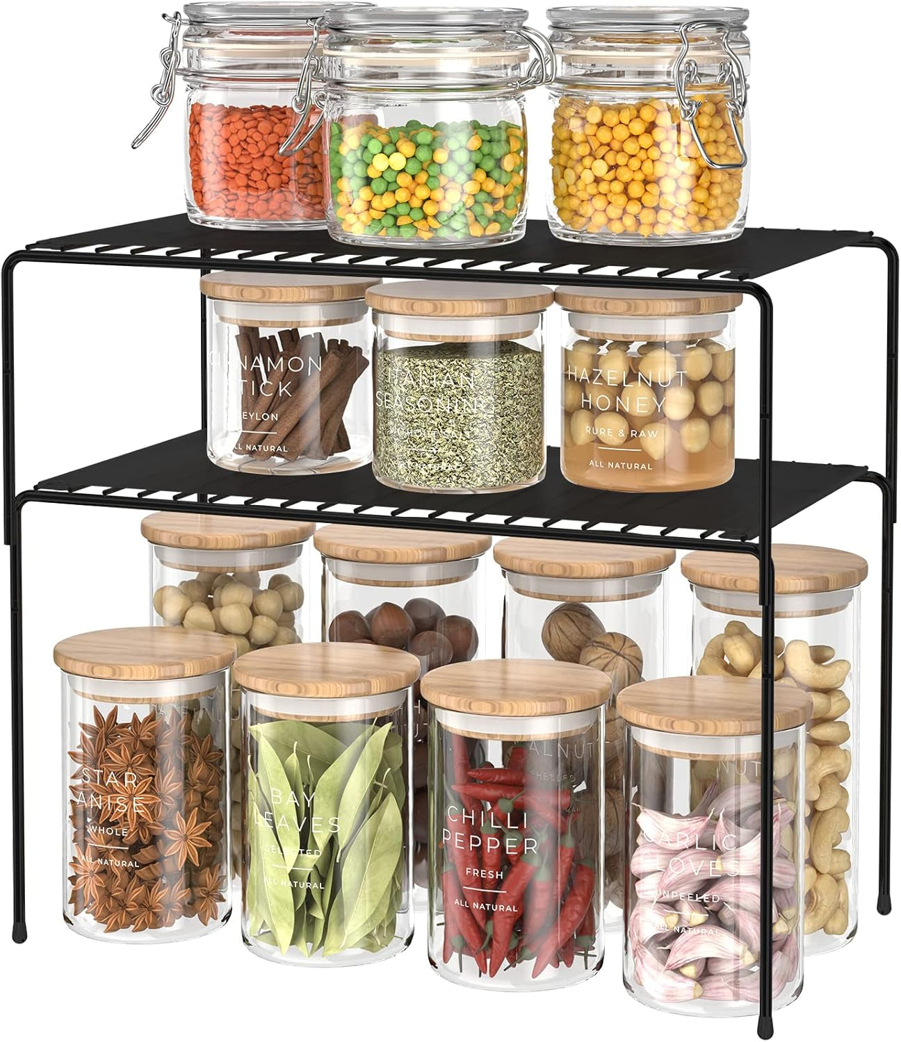 Spice Rack Organizer for Cabinet,  2-Tier Spice Rack Storage Shelf with 3 Wire Shelf and 2 Basket, Standing Spice Organizer for Kitchen Cabinet Pantry (Black)