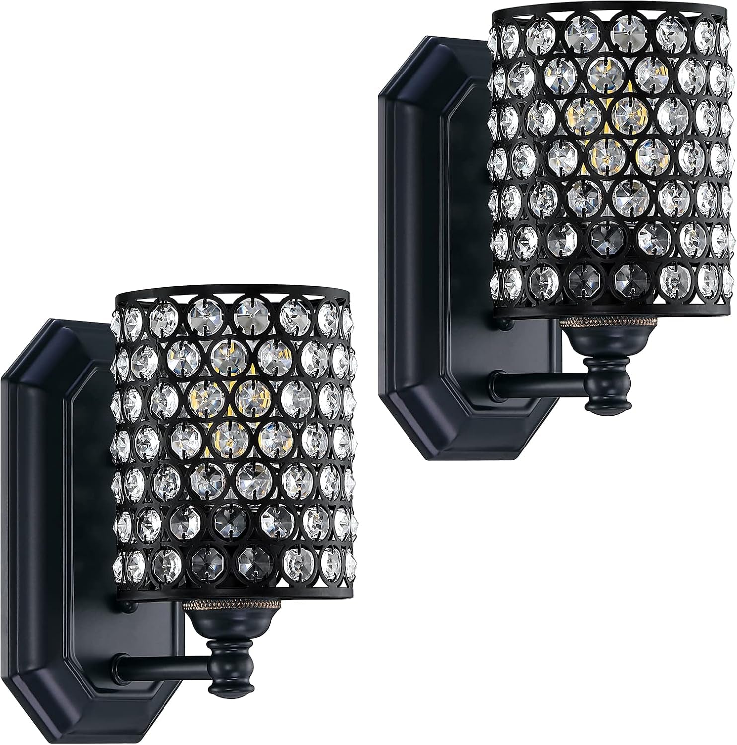 2 Pack 1 Light Crystal Wall Sconce Lighting with Black Finish,Modern Concise Style Wall Light Fixture Polyhedral Crystal Shade for Bathroom, Bedroom Living Room Bedside