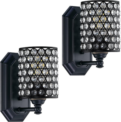 2 Pack 1 Light Crystal Wall Sconce Lighting with Black Finish,Modern Concise Style Wall Light Fixture Polyhedral Crystal Shade for Bathroom, Bedroom Living Room Bedside