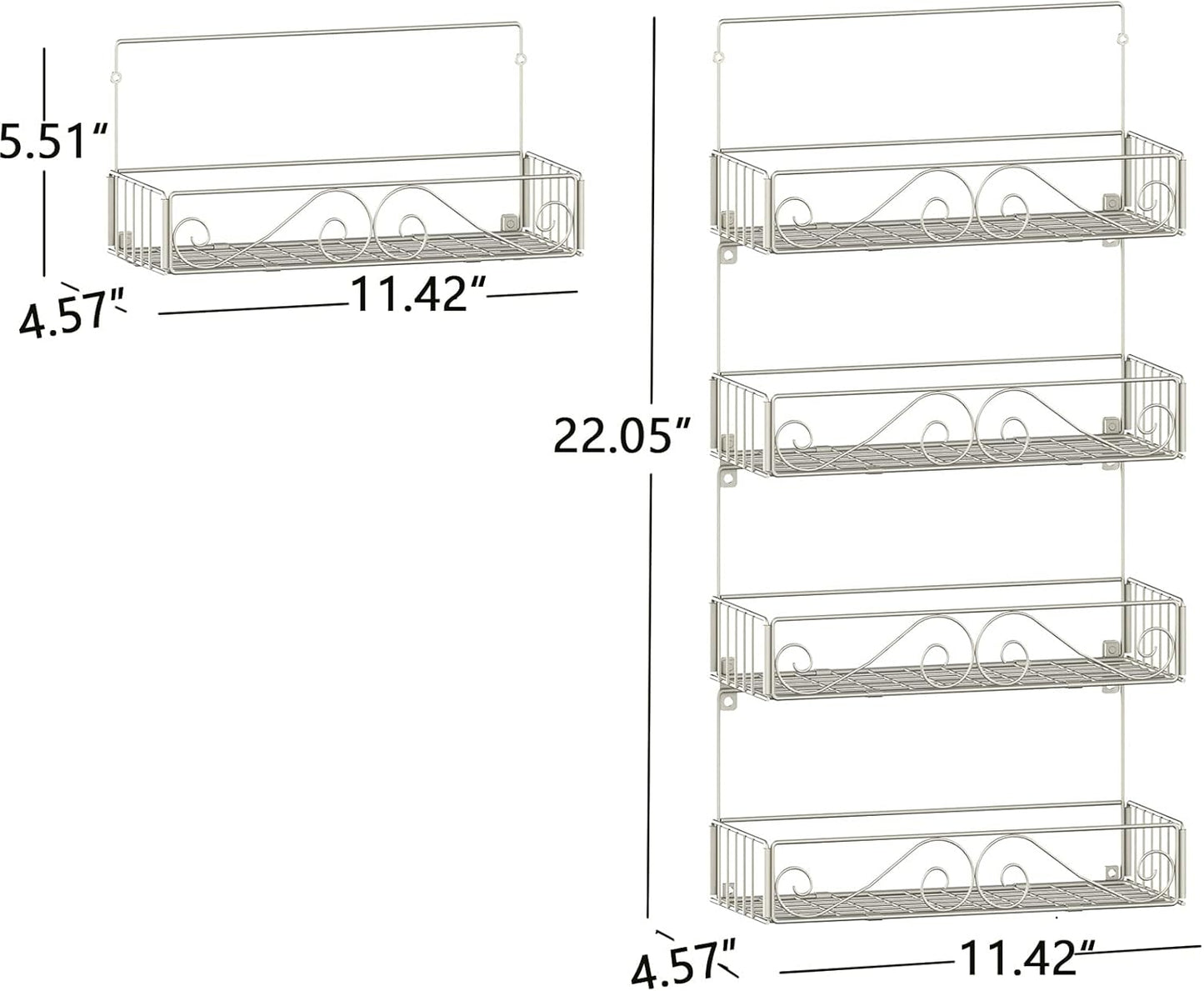 Wall Mount Spice Rack, 4 Pack Large-Capacity Spice Racks, Stackable Foldable Organizer, Silver, Medium