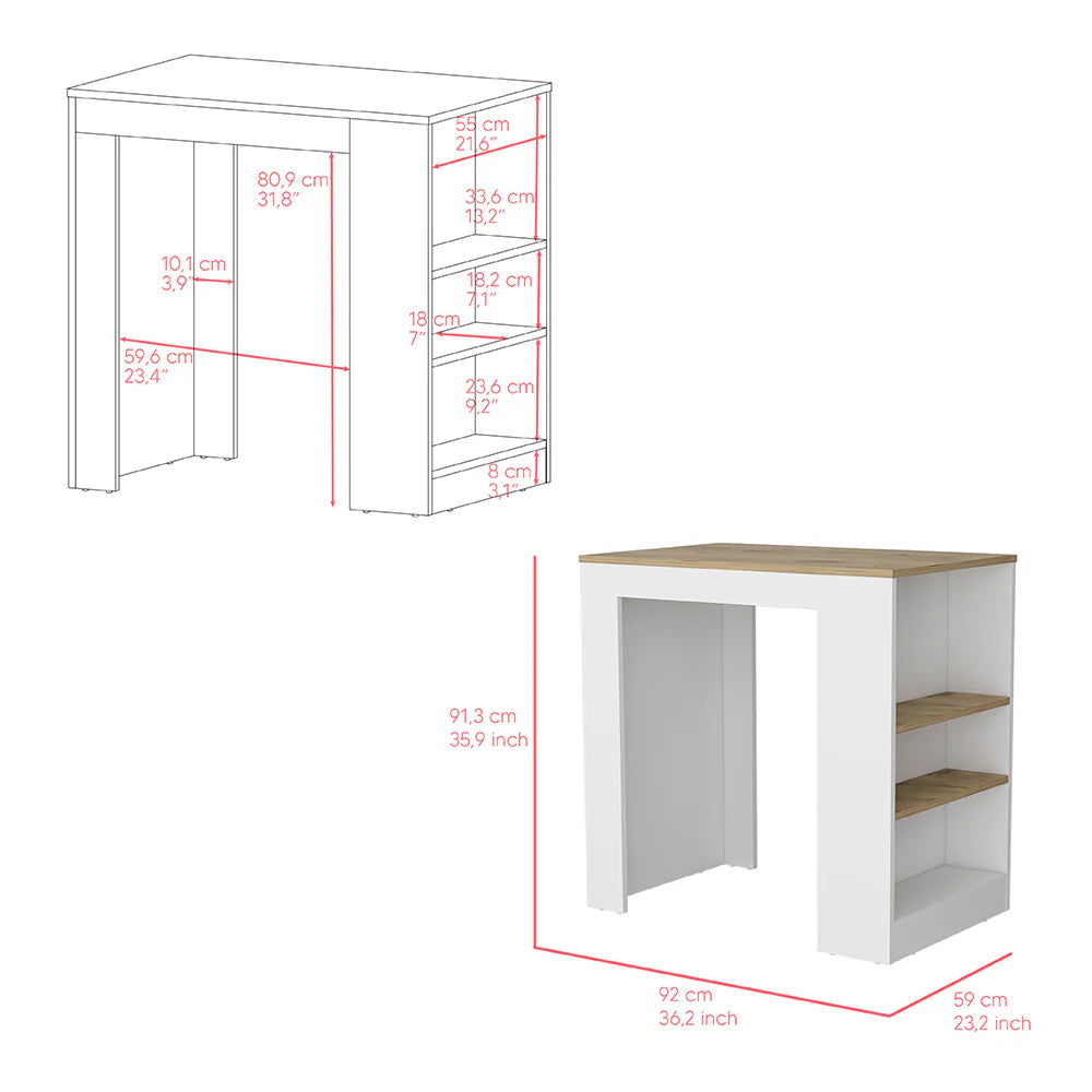 Kitchen Island Doyle, Three Side Shelves, White and Light Oak Finish