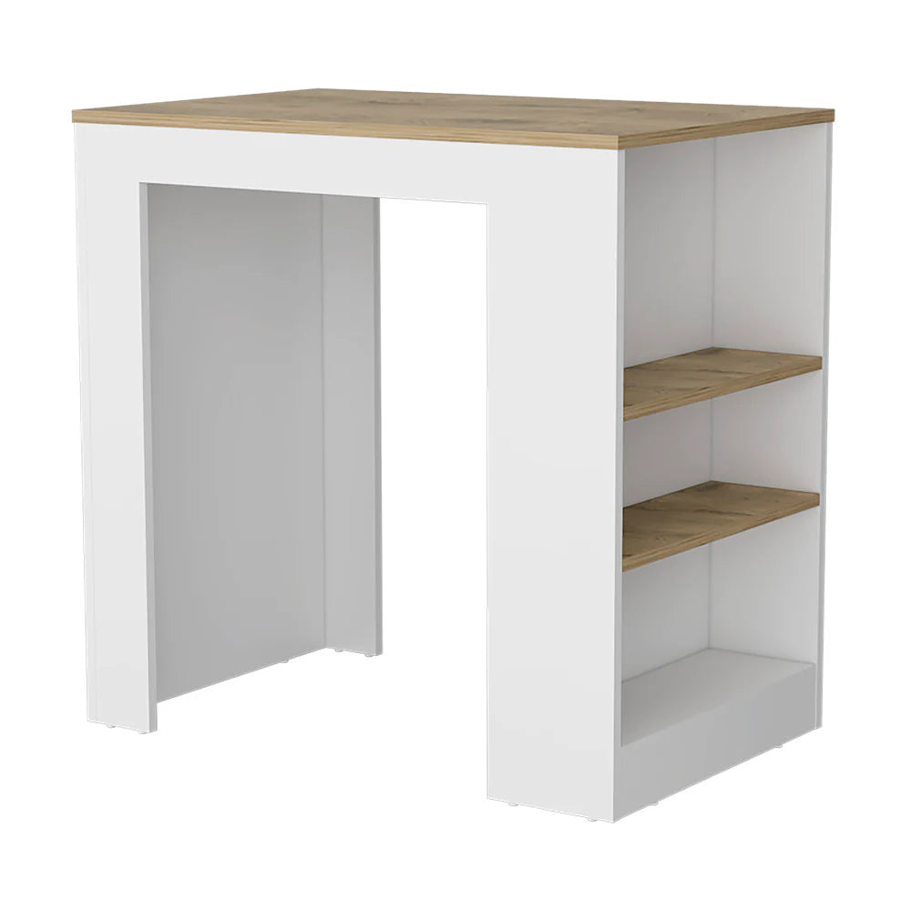 Kitchen Island Doyle, Three Side Shelves, White and Light Oak Finish