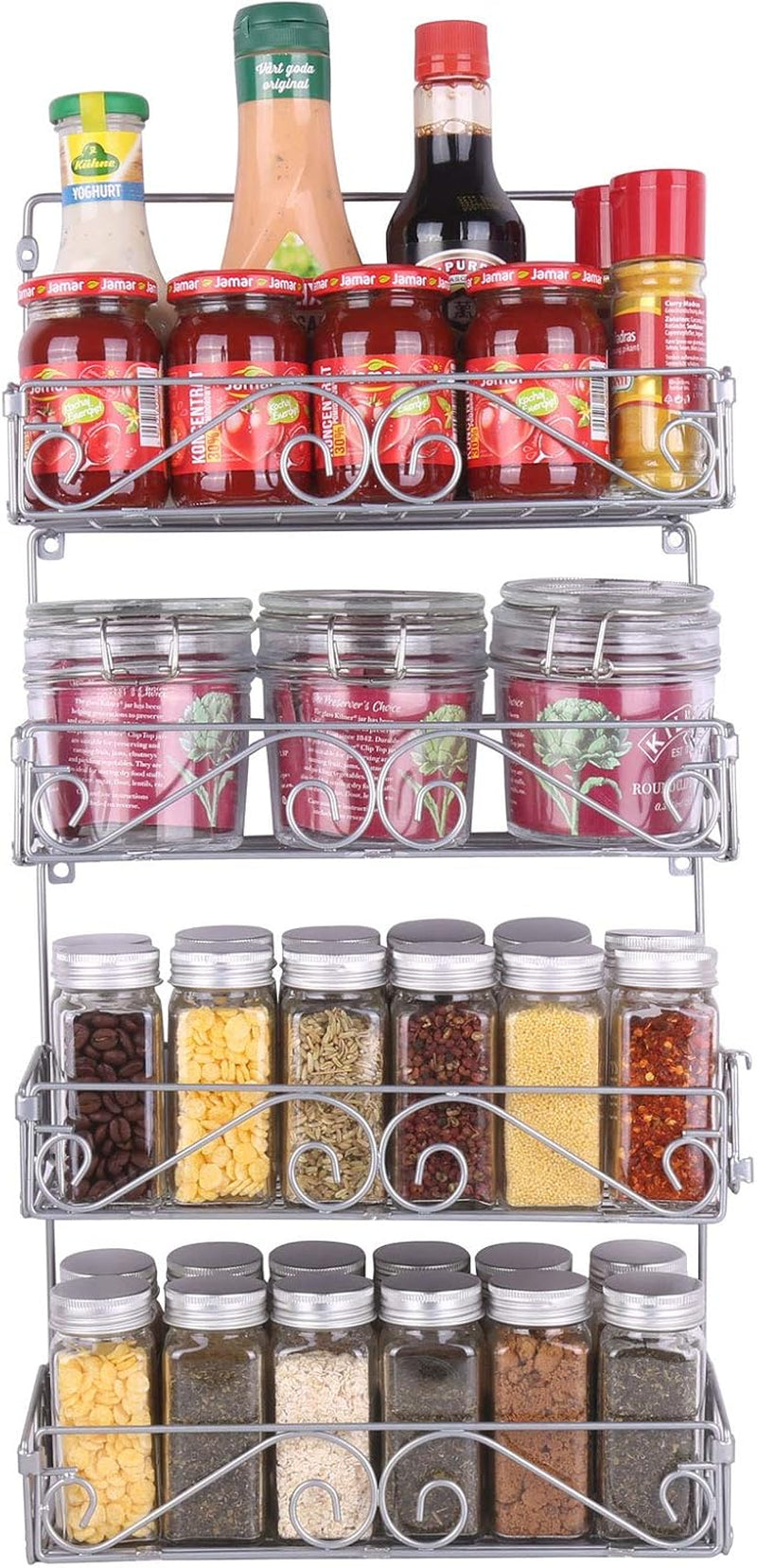 Wall Mount Spice Rack, 4 Pack Large-Capacity Spice Racks, Stackable Foldable Organizer, Silver, Medium