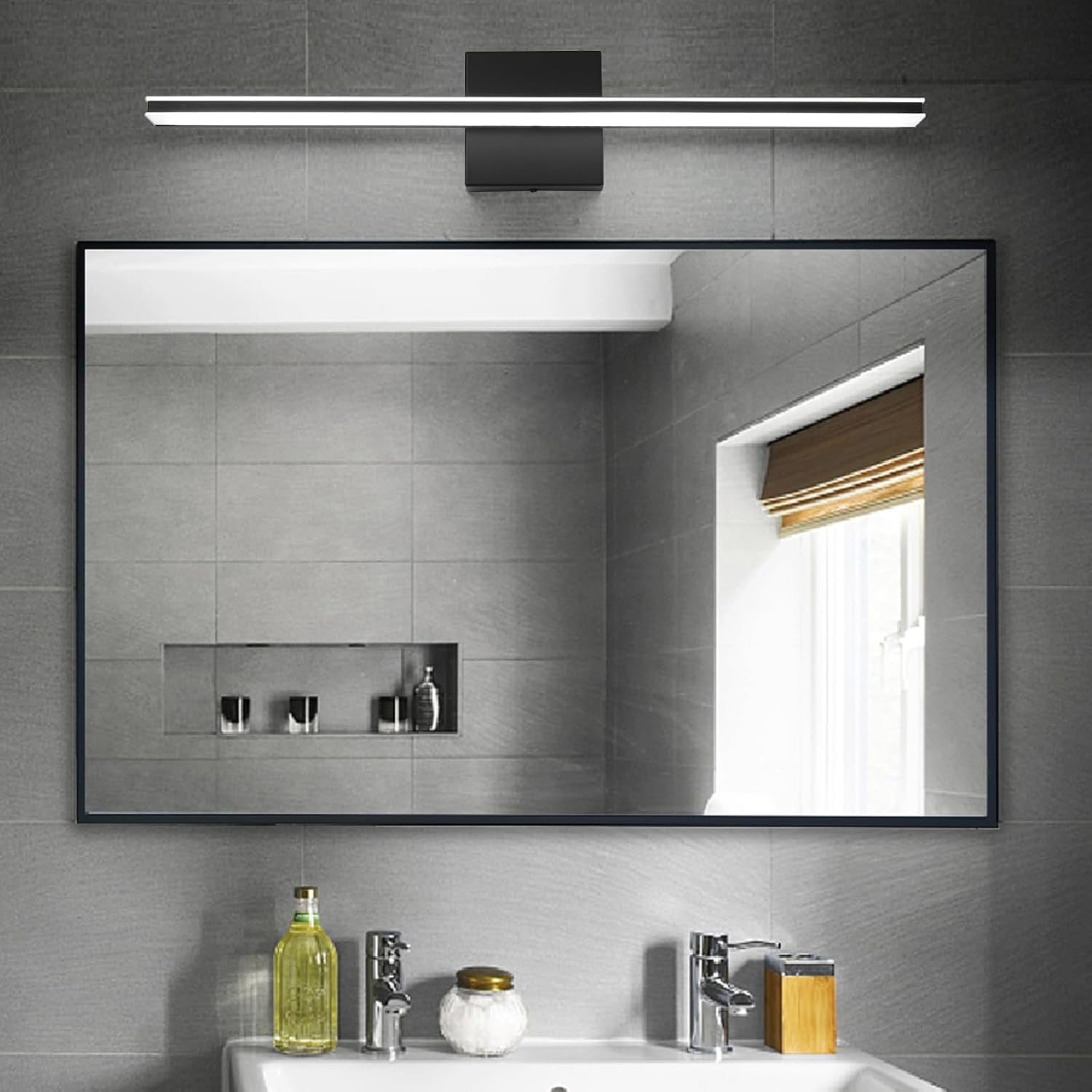 Black Vanity Light Fixture 24 Inch Bathroom Lamps over Mirror 14W Modern Bath Vanity Sconces Matte Black LED Lights for Bathroom Bedroom Wall Lighting 6000K Restroom Lighting