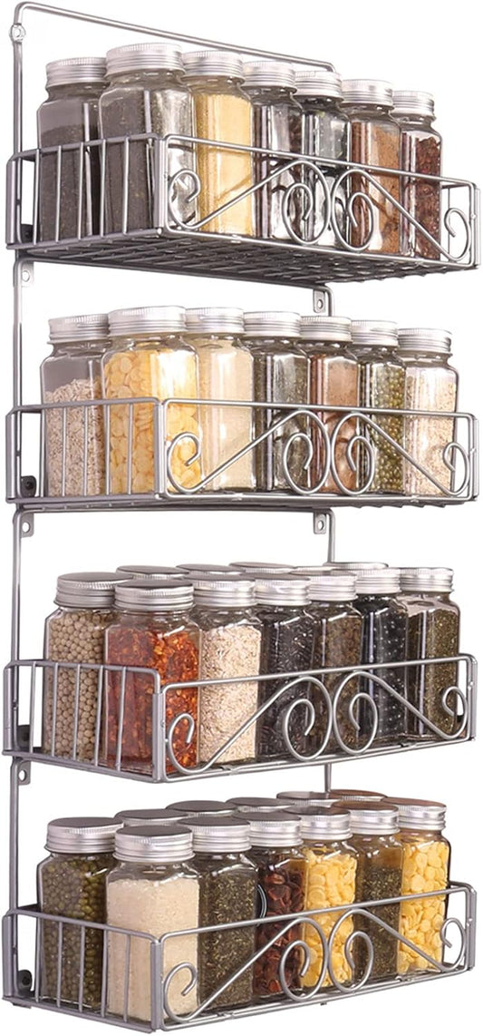 Wall Mount Spice Rack, 4 Pack Large-Capacity Spice Racks, Stackable Foldable Organizer, Silver, Medium