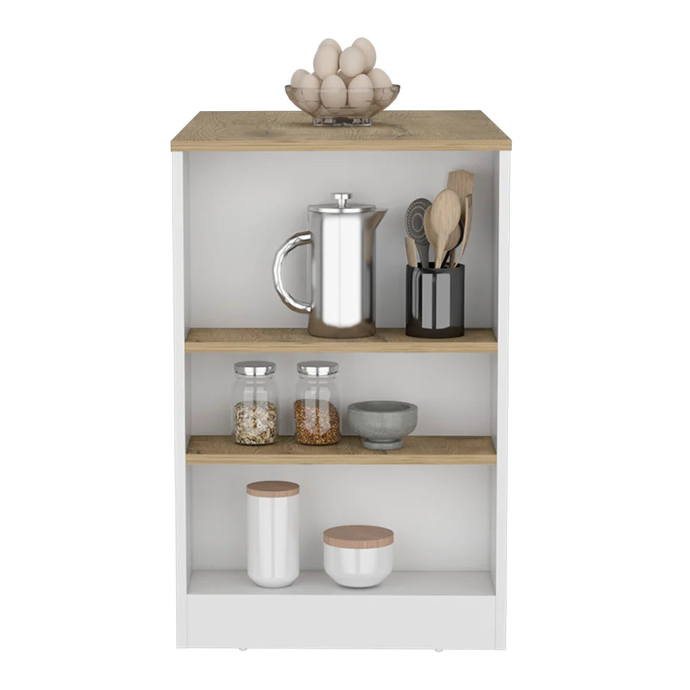 Kitchen Island Doyle, Three Side Shelves, White and Light Oak Finish